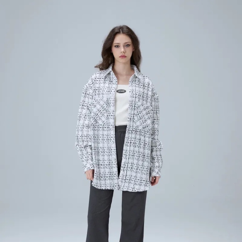 Charles Luciano Milano Black/White Woven Tweed‎ Shirttail Hemline Jacket Sz S